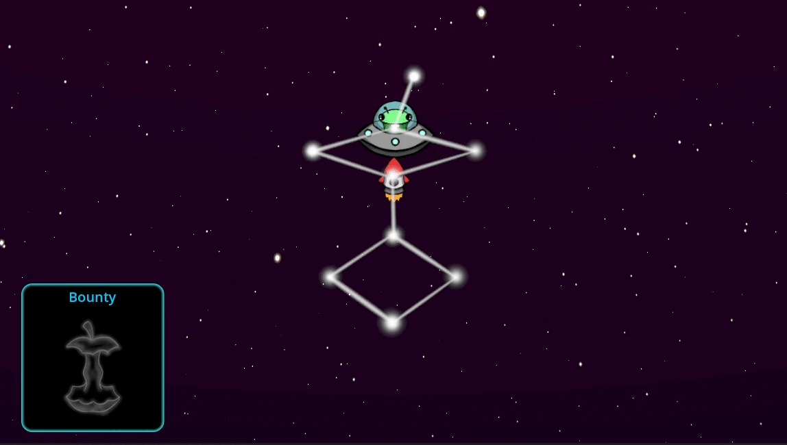 A cartoon alien and a rocket sit on stars in a constellation, the alien and rocket take turns jumping to nearby stars, chasing each other.
