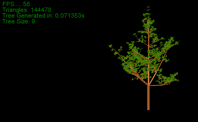 A spinning tree on a black background. The tree is made up of a couple dozen branches and a few hundred leaves. An overlay in the corner reads '144478 triangles'.