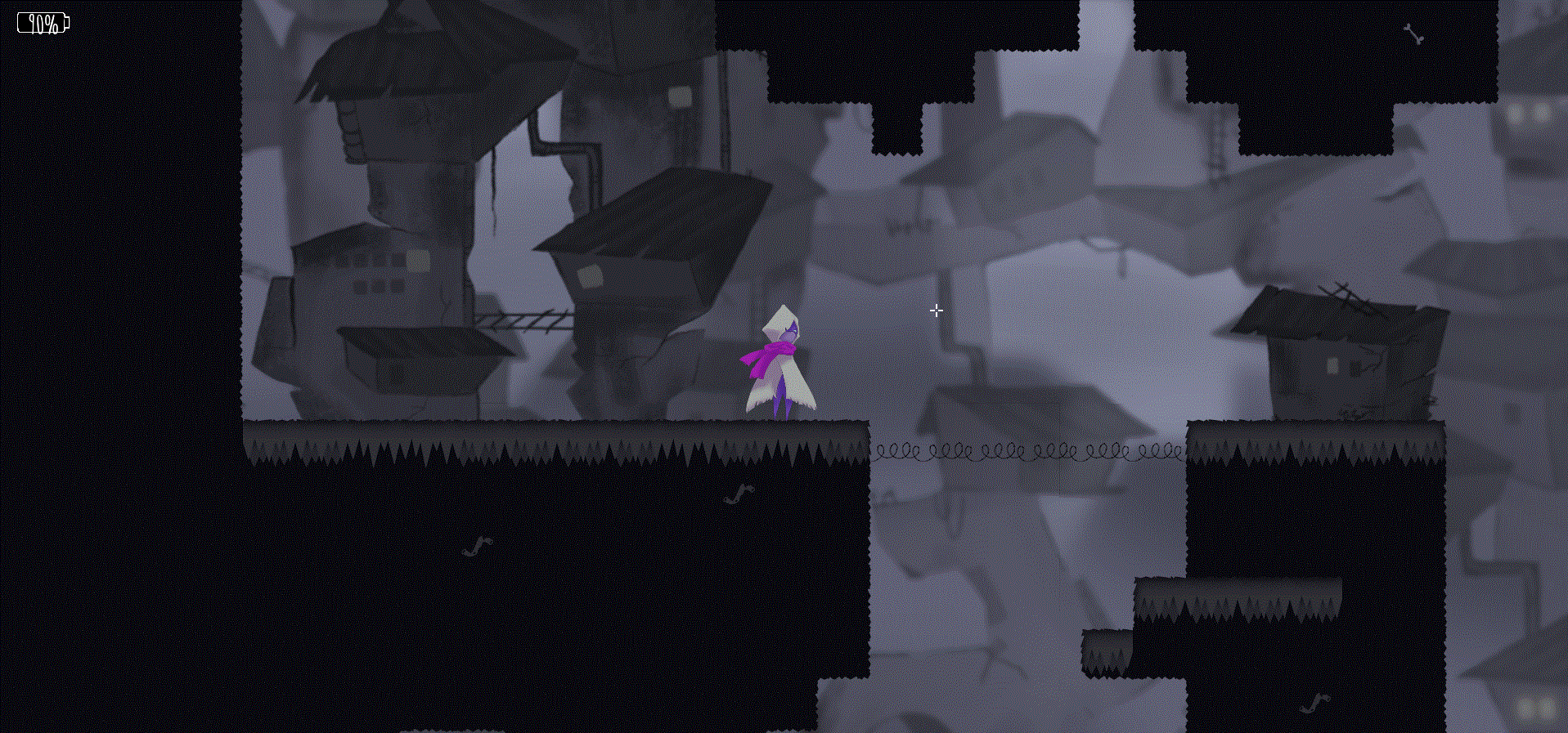 A Figure in a grey cowl and purple scarf stands in a smoggy vertical cityscape, a small battery with a percentage sign sits in the top left corner.