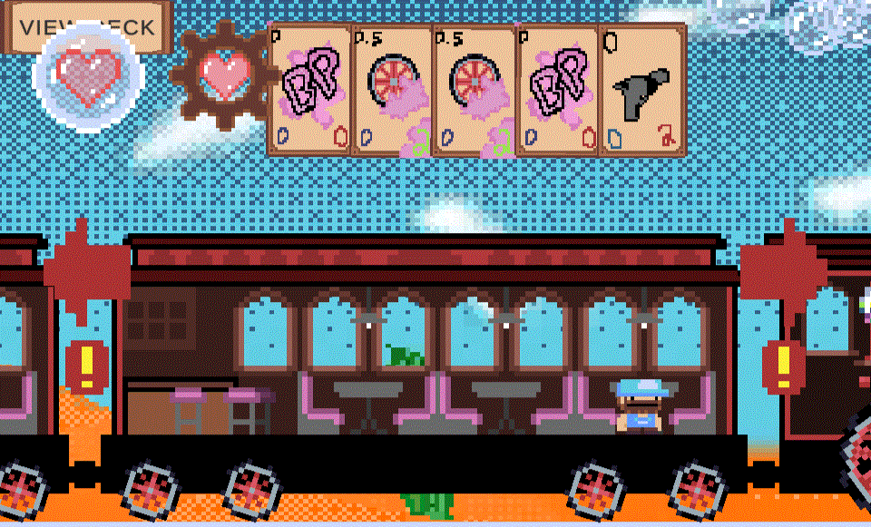 A pixelated train car sits at the bottom of the screen with a small pixelated blue man inside it. A set of 5 cards is spread across the top of the screen.