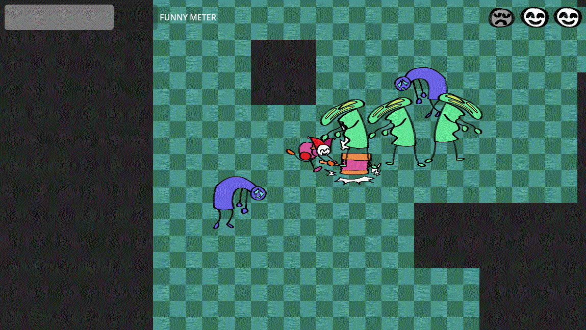 A drawn clown is in the process of hitting a group of sad blue characters, some of which have turned green and appear stunned. A series of smile faces appear in the top right and a bar labelled 'FUNNY METER' in the top left.