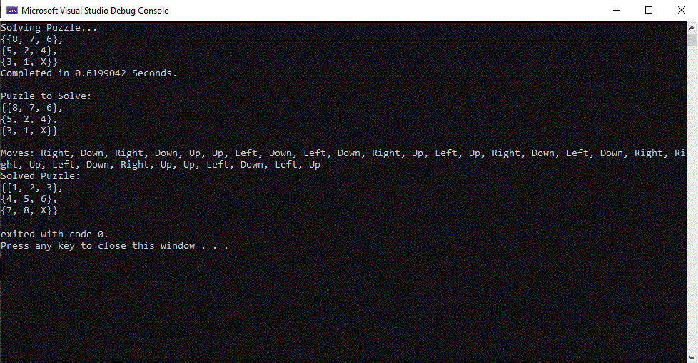 A debug console window displaying the solved puzzle and the steps taken to reach the solution, alongside the original puzzle and the time taken to solve it.