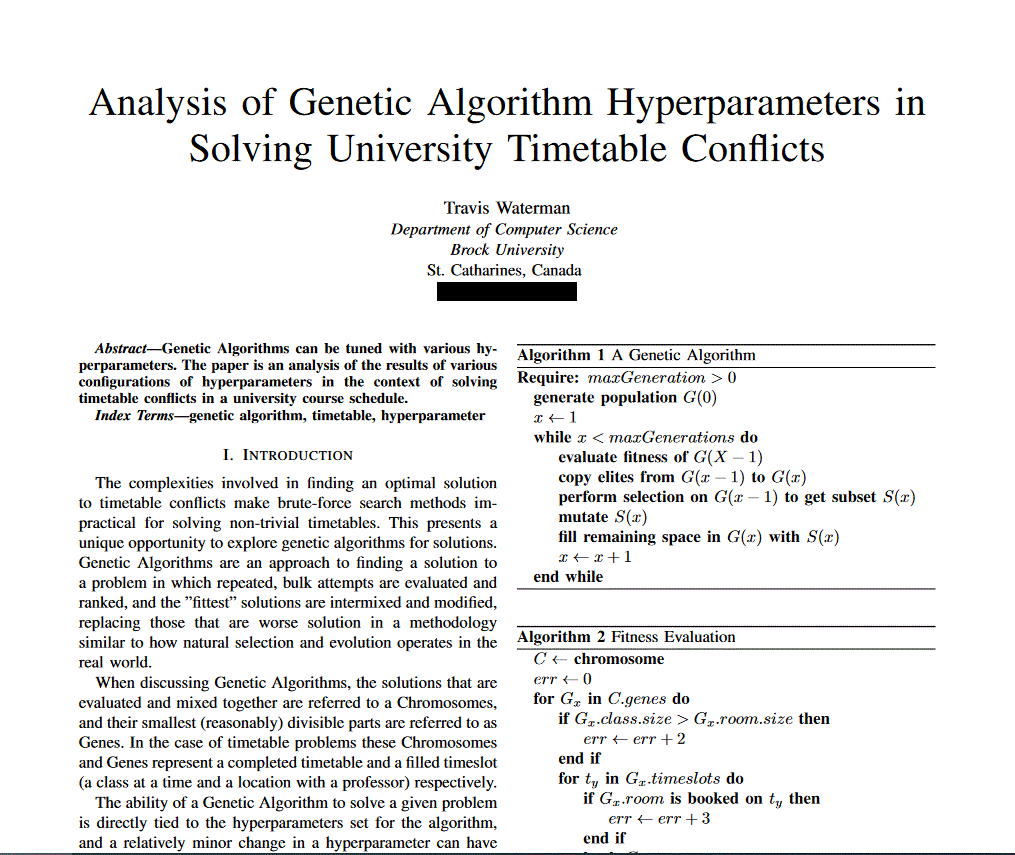 An IEEE Formatted paper titled 'Analysis of Generic Algorithm Hyperparameters in Solving University Timetable Conflicts'.